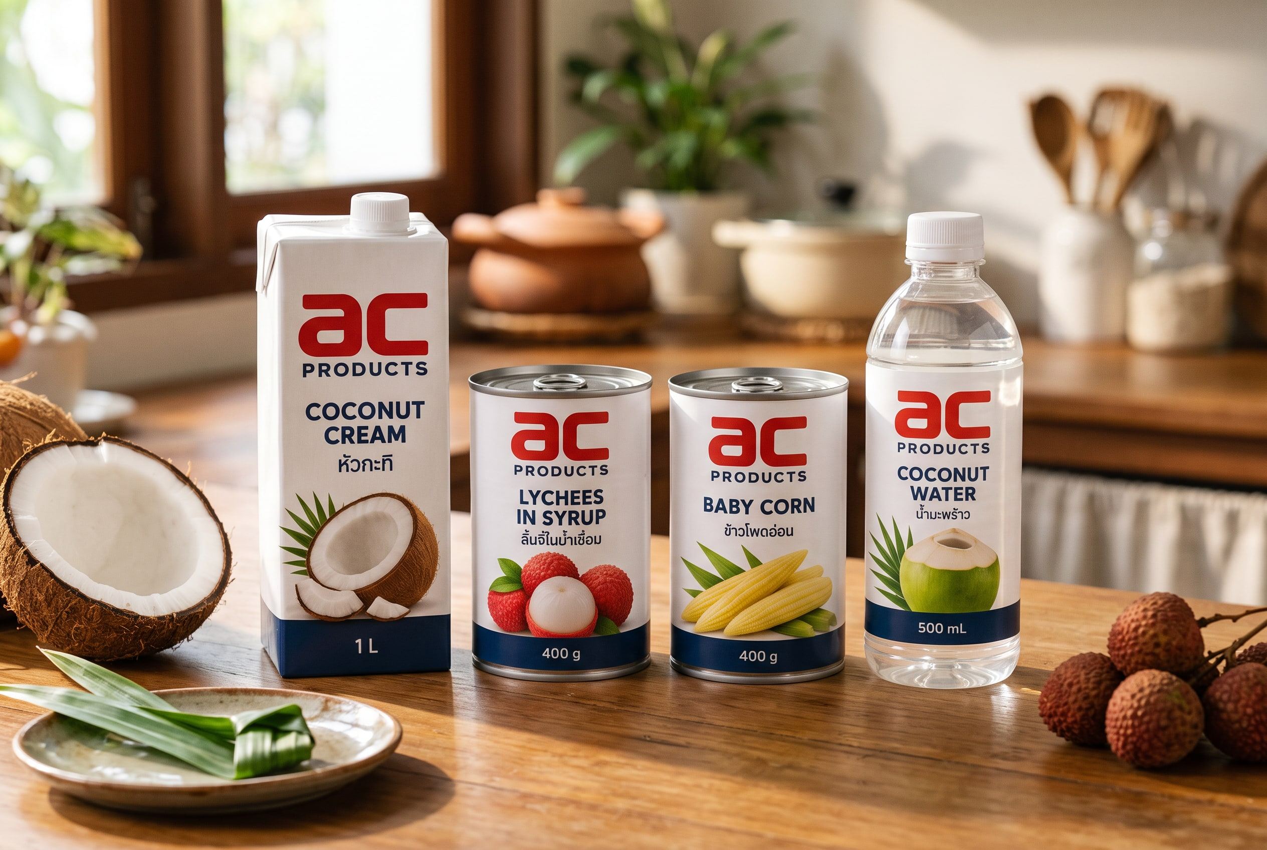 AC Products coconut cream, lychees in syrup, baby corn and coconut water on a wooden kitchen counter