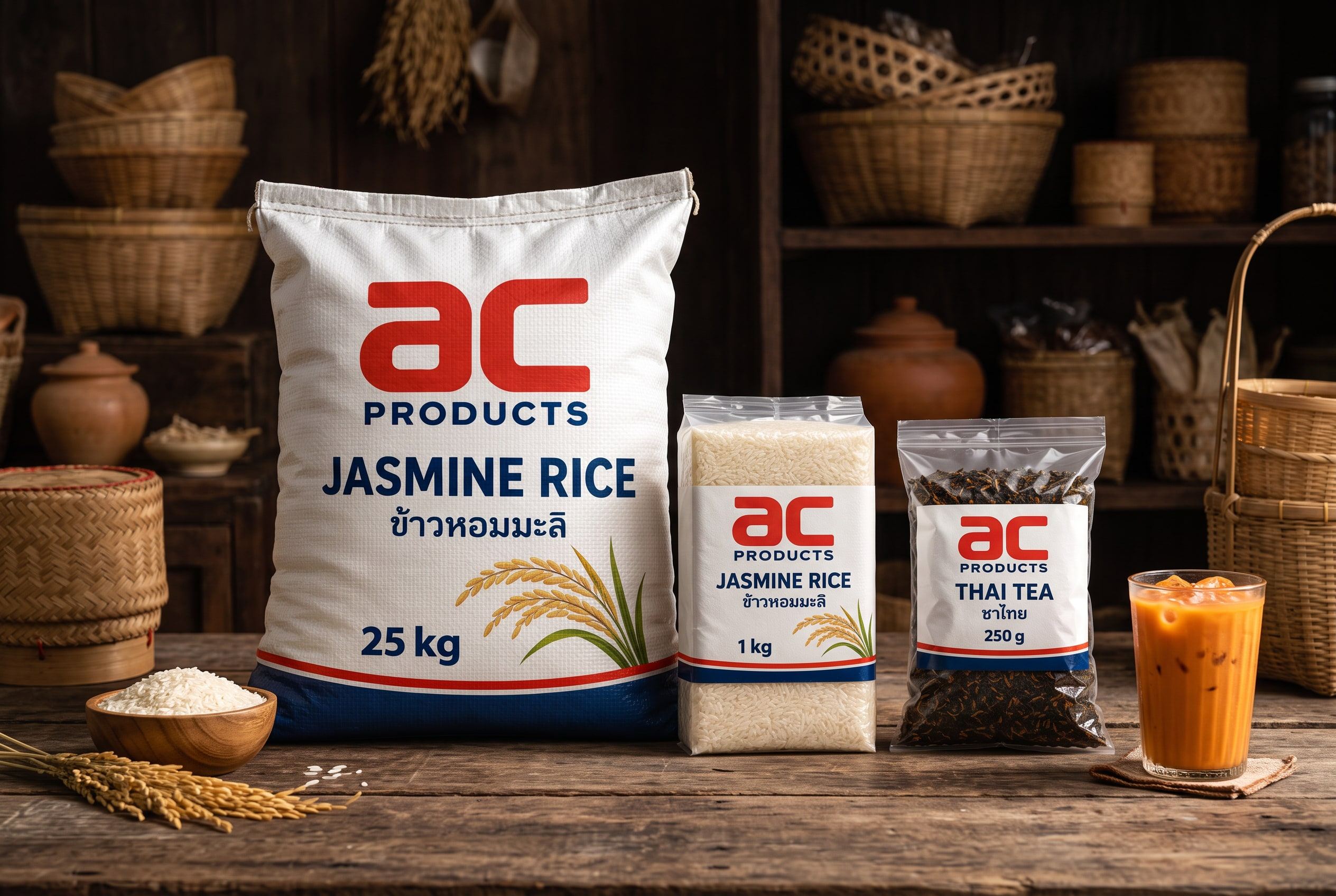 AC Products jasmine rice in 25 kg and 1 kg packs and Thai tea on a rustic wooden table