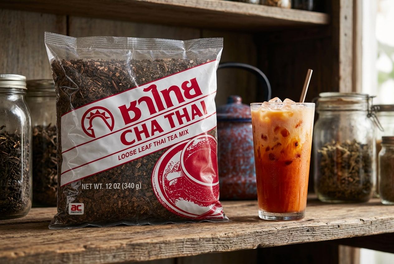 Chicken Brand Cha Thai loose leaf Thai tea mix, 340 g bag, beside a glass of iced Thai milk tea on a wooden pantry shelf