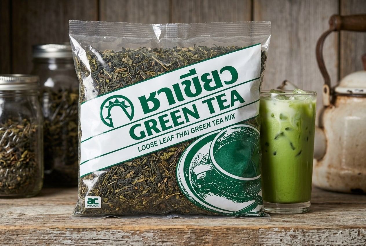 Chicken Brand loose leaf Thai green tea mix in a clear bag beside a glass of iced green milk tea on a wooden pantry shelf