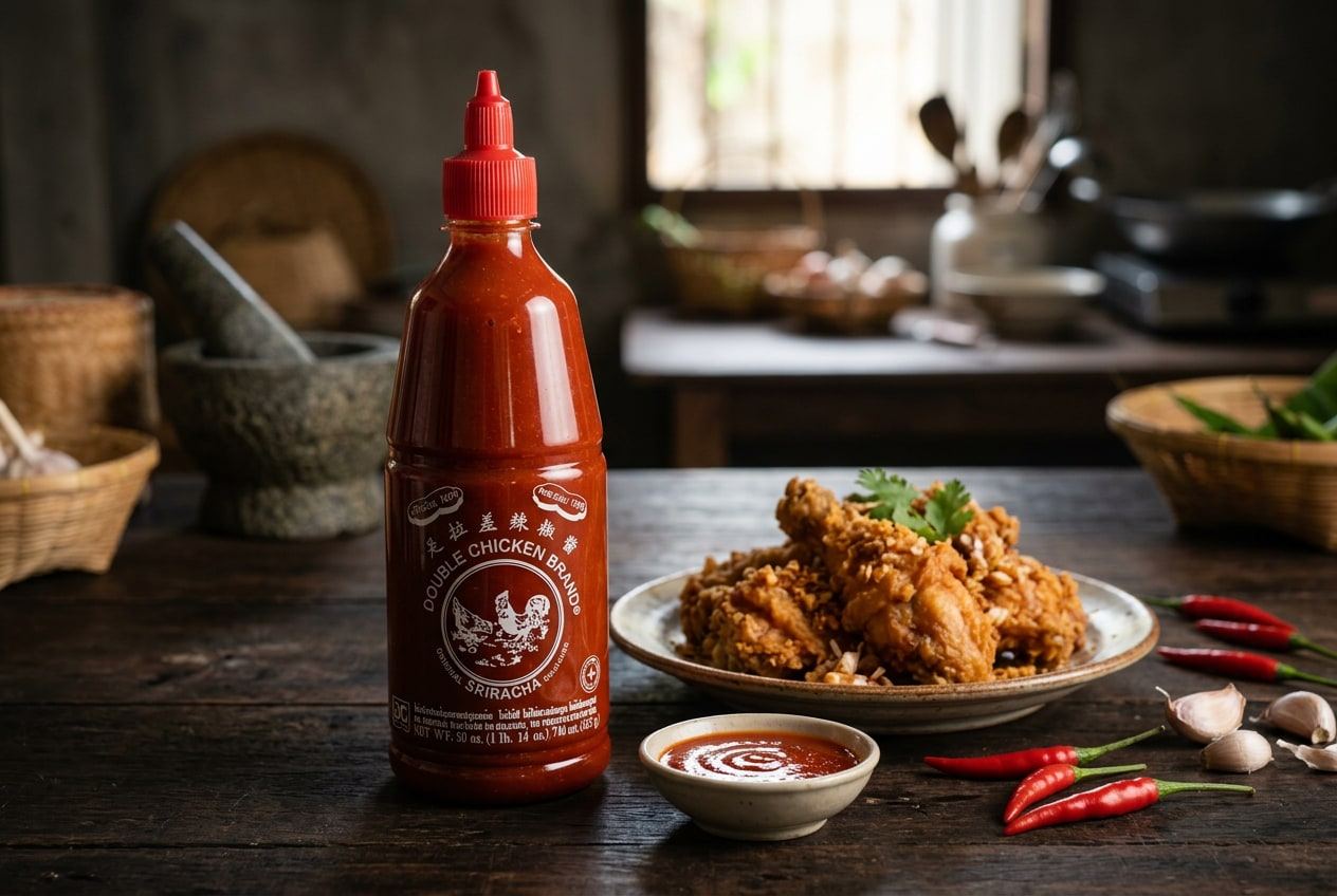 Double Chicken Brand original Sriracha chilli sauce bottle on a wooden table beside fried chicken, a dish of sauce and fresh chillies