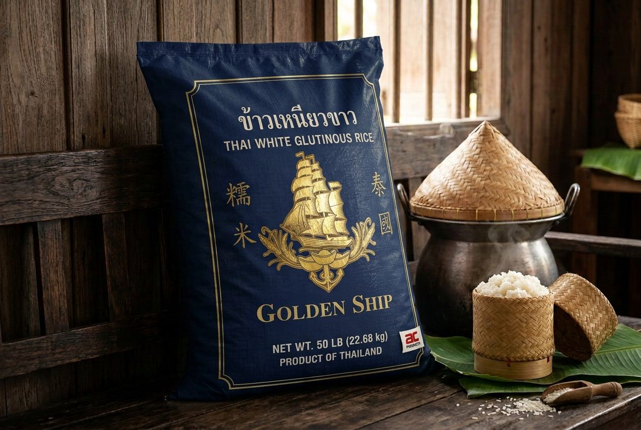 Golden Ship Thai white glutinous rice in a 50 lb sack beside bamboo sticky-rice steamers in a wooden Thai kitchen