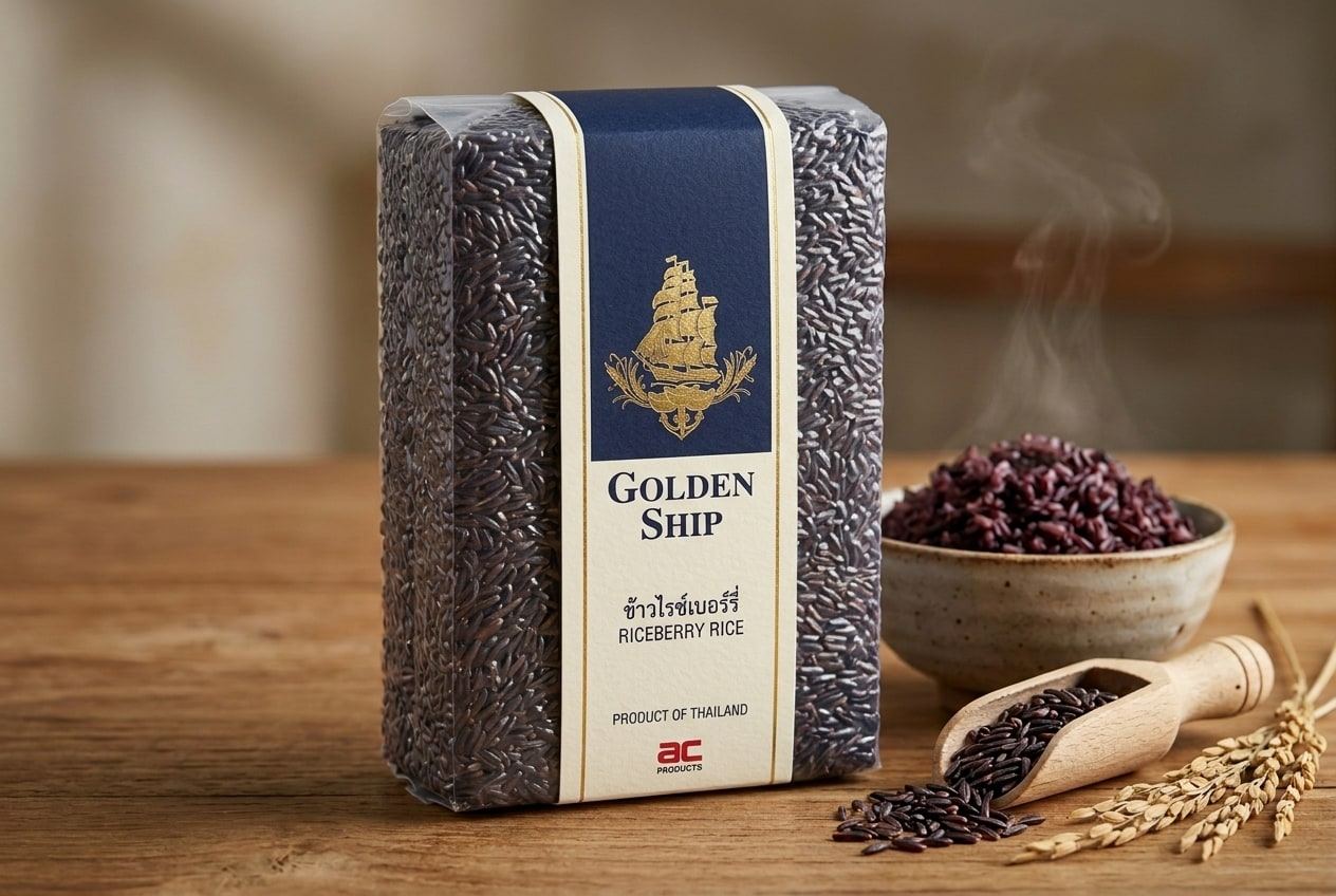 Golden Ship Riceberry rice in a vacuum pack beside a bowl of cooked Riceberry rice and a wooden scoop of grains
