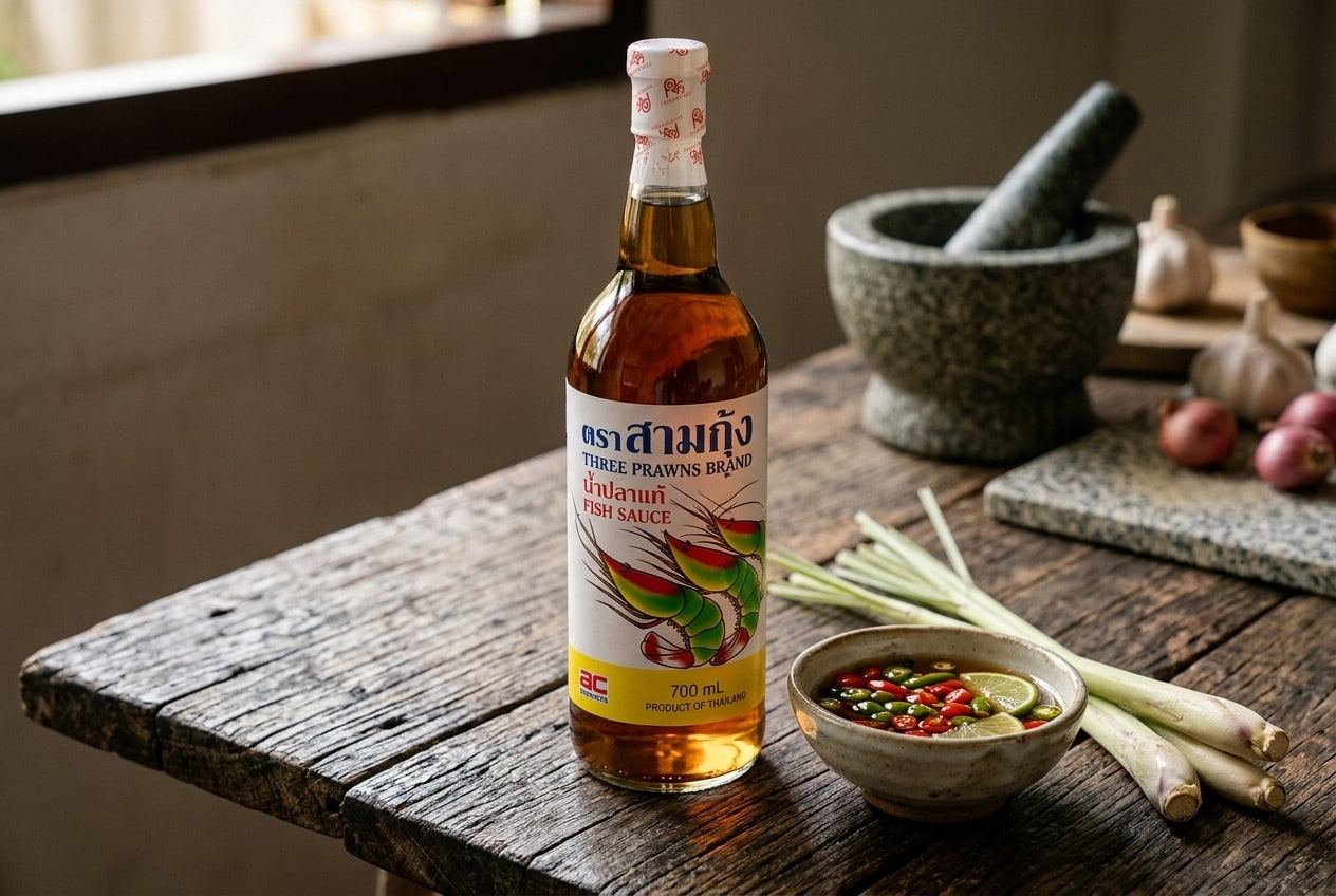 Three Prawns fish sauce in a 700 ml glass bottle on a wooden kitchen table with chillies in fish sauce, lime and lemongrass